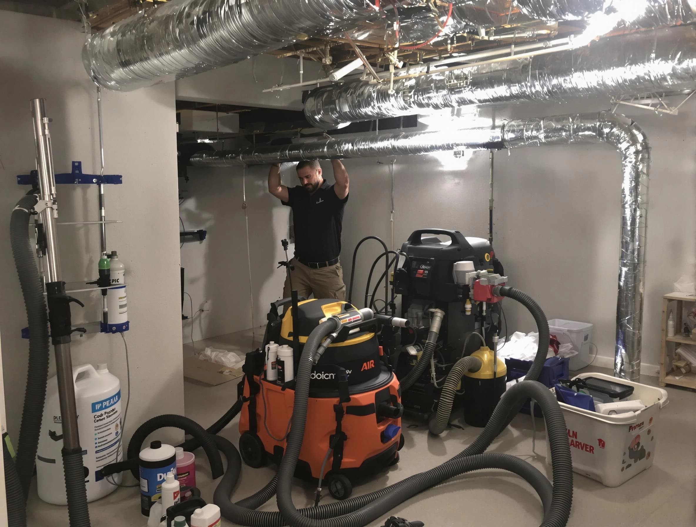 Hingham Air Duct Cleaning specialist performing professional mold removal from air ducts using safety equipment in Hingham