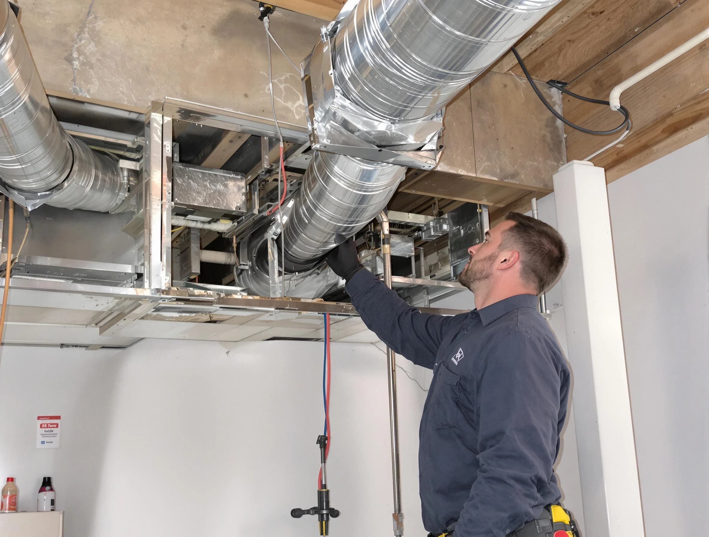 Hingham Air Duct Cleaning technician performing professional air duct repair using specialized tools in Hingham