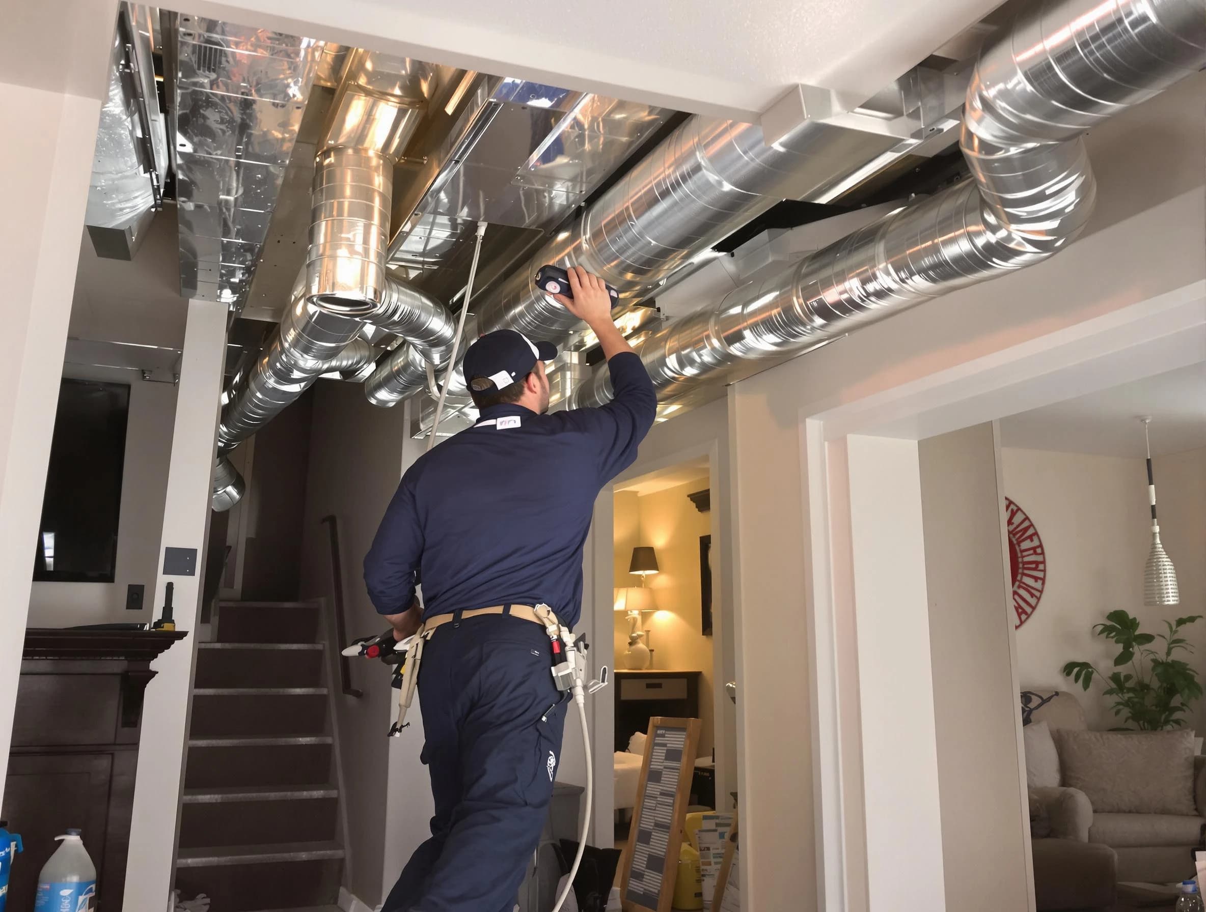 Hingham Air Duct Cleaning expert performing specialized duct cleaning in a mobile home in Hingham