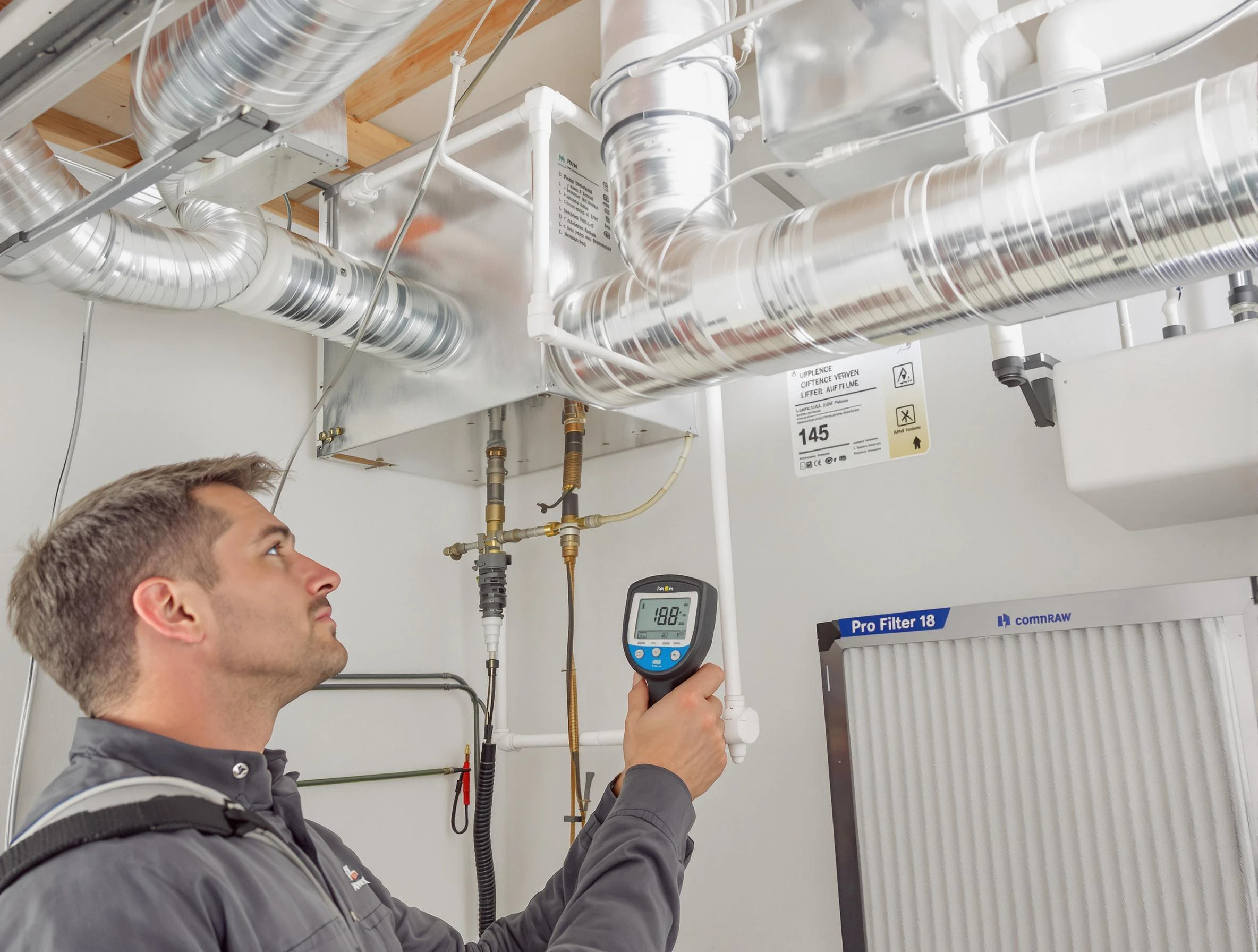 Hingham Air Duct Cleaning expert conducting detailed filter system inspection using diagnostic tools in Hingham
